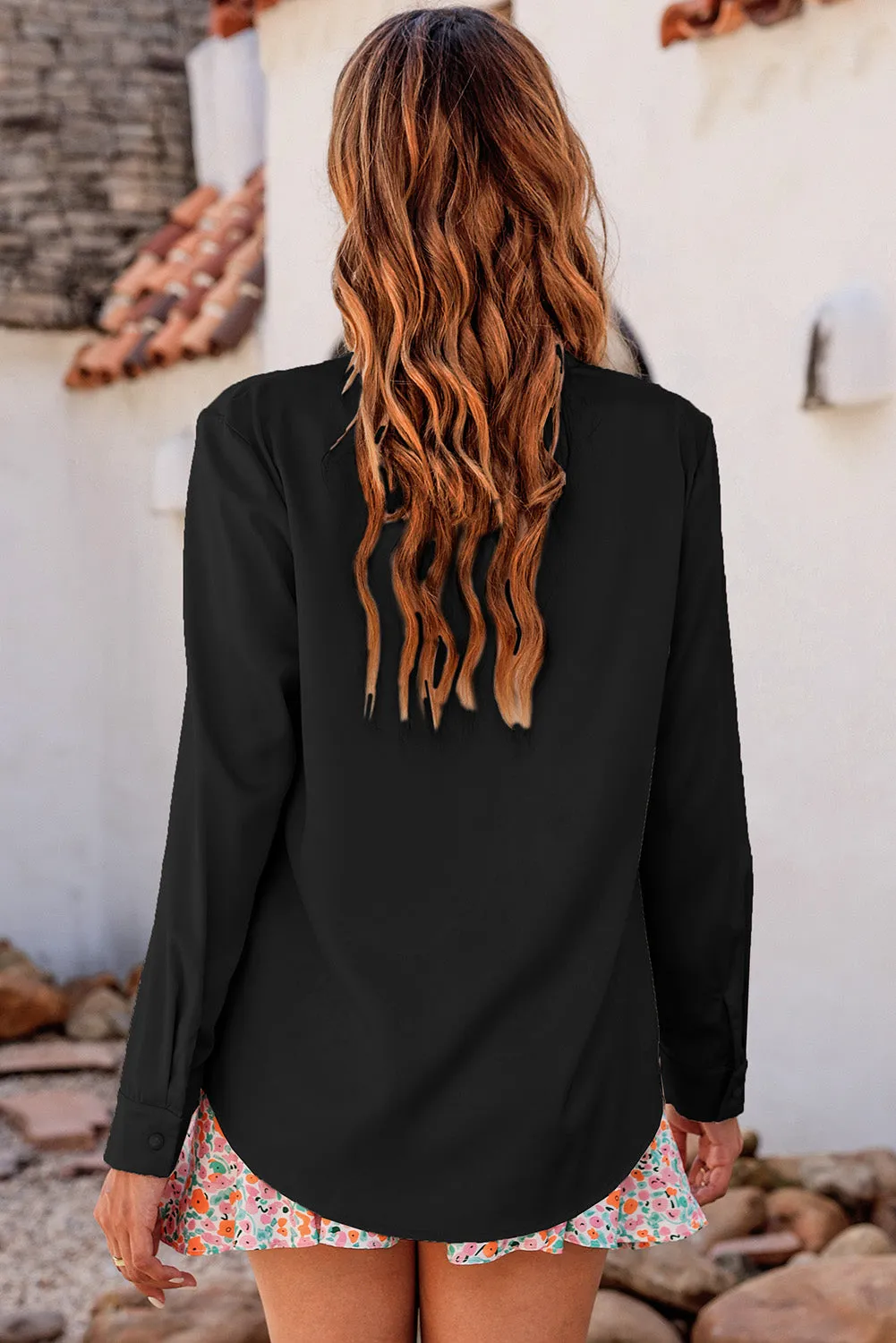 White Solid Bow Tie Long Sleeve Blouse