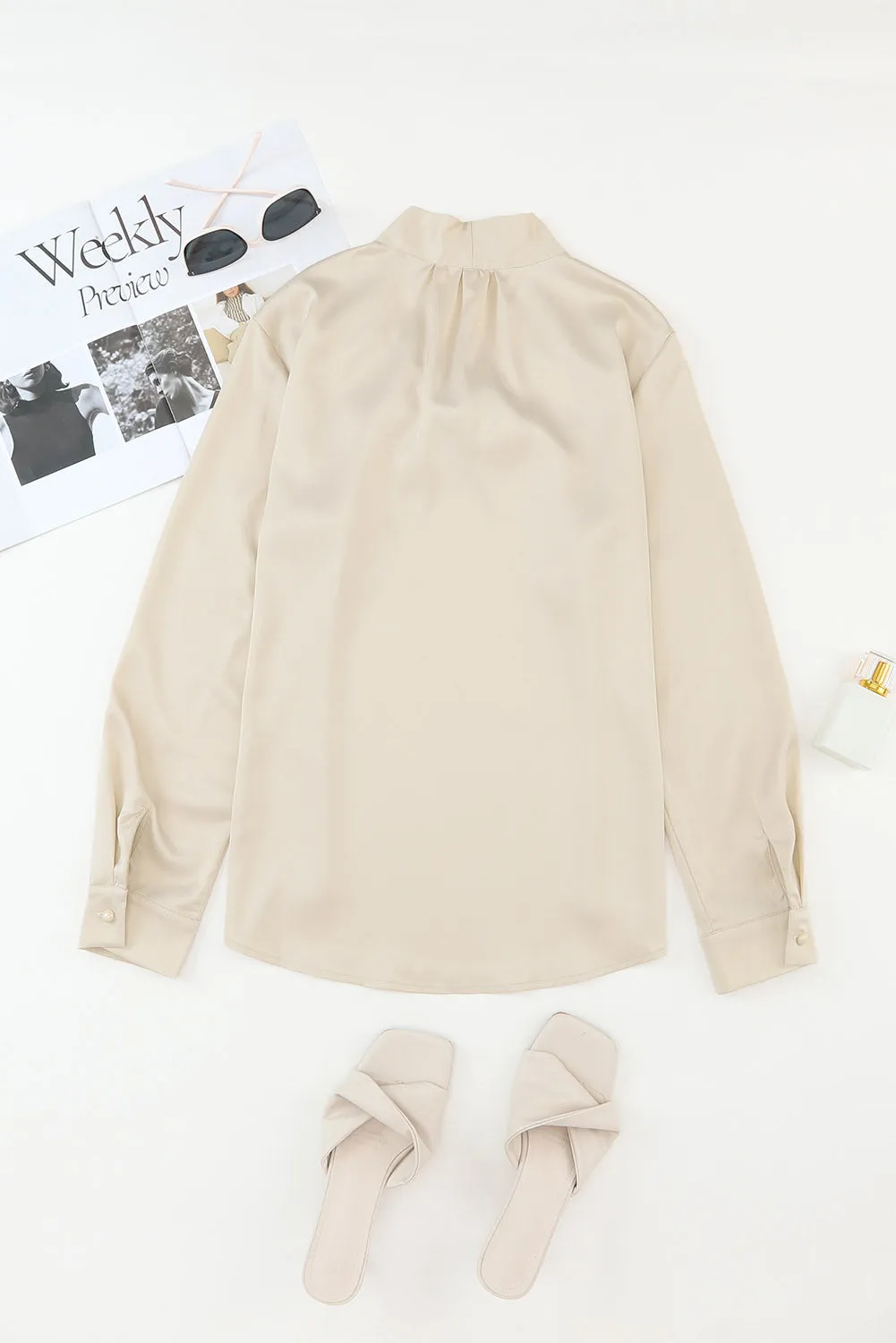 White Solid Bow Tie Long Sleeve Blouse