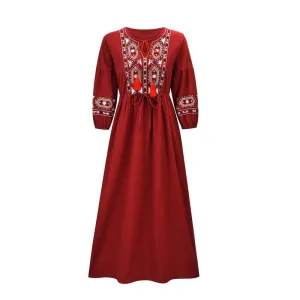 Women Embroidery Retro Elegant Round Neck Dress