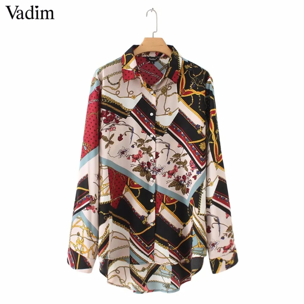 Women vintage Geometric pattern blouses long sleeve casual wear tops