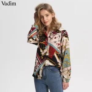 Women vintage Geometric pattern blouses long sleeve casual wear tops