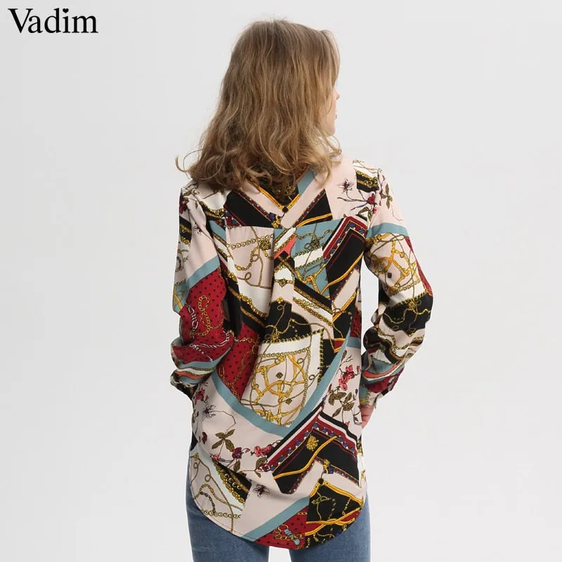 Women vintage Geometric pattern blouses long sleeve casual wear tops