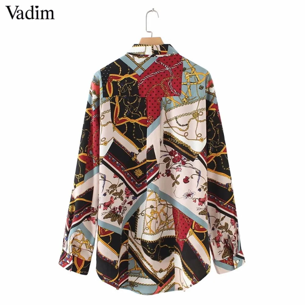 Women vintage Geometric pattern blouses long sleeve casual wear tops