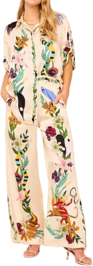 Women Y2k 2 Pieces Pants Sets Boho Floral Fruit Print Short Sleeve Shirt Wide Leg Pants Graffiti Lounge Set