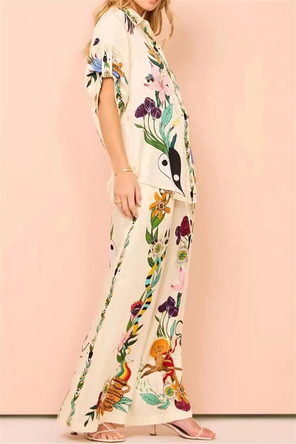 Women Y2k 2 Pieces Pants Sets Boho Floral Fruit Print Short Sleeve Shirt Wide Leg Pants Graffiti Lounge Set
