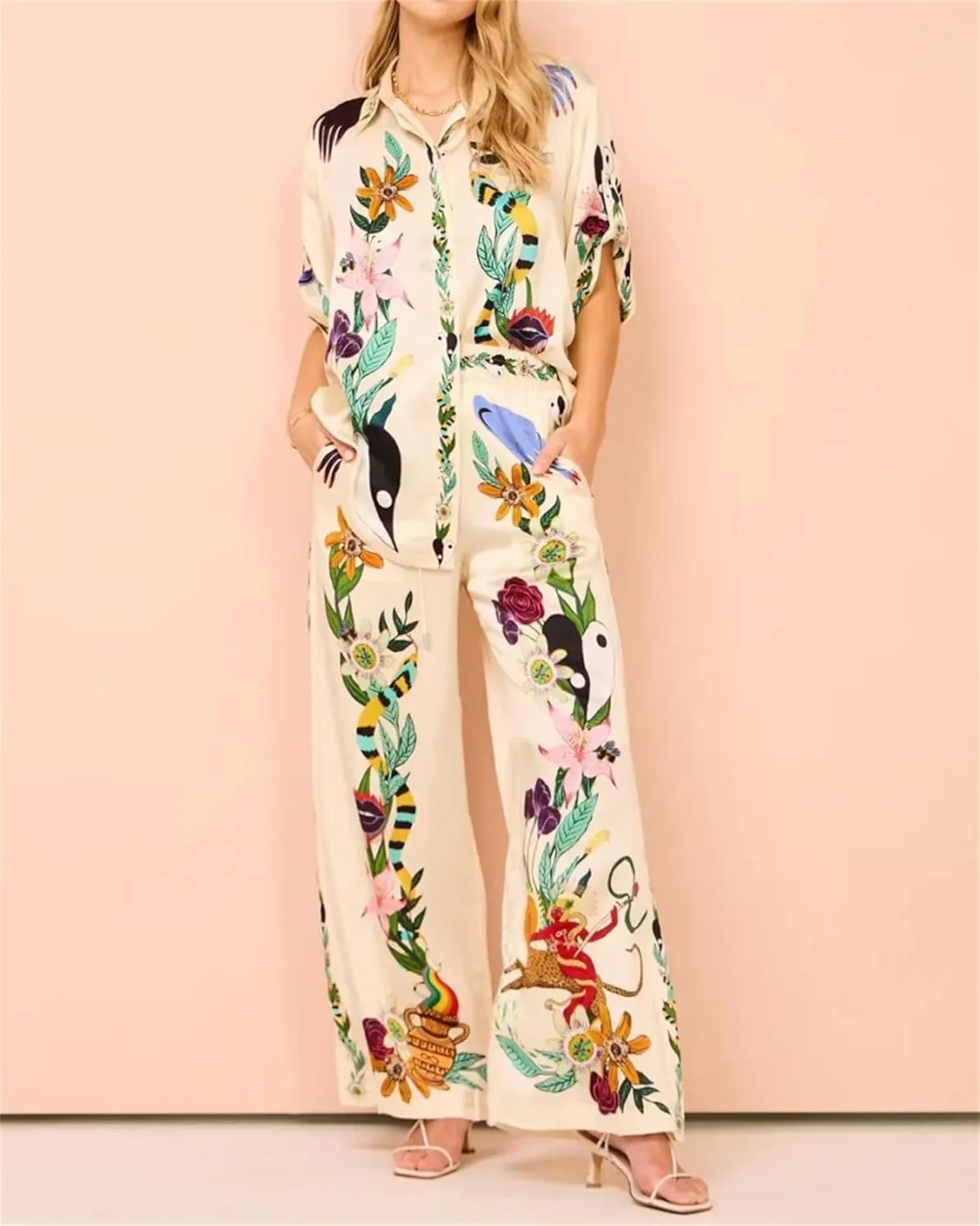 Women Y2k 2 Pieces Pants Sets Boho Floral Fruit Print Short Sleeve Shirt Wide Leg Pants Graffiti Lounge Set