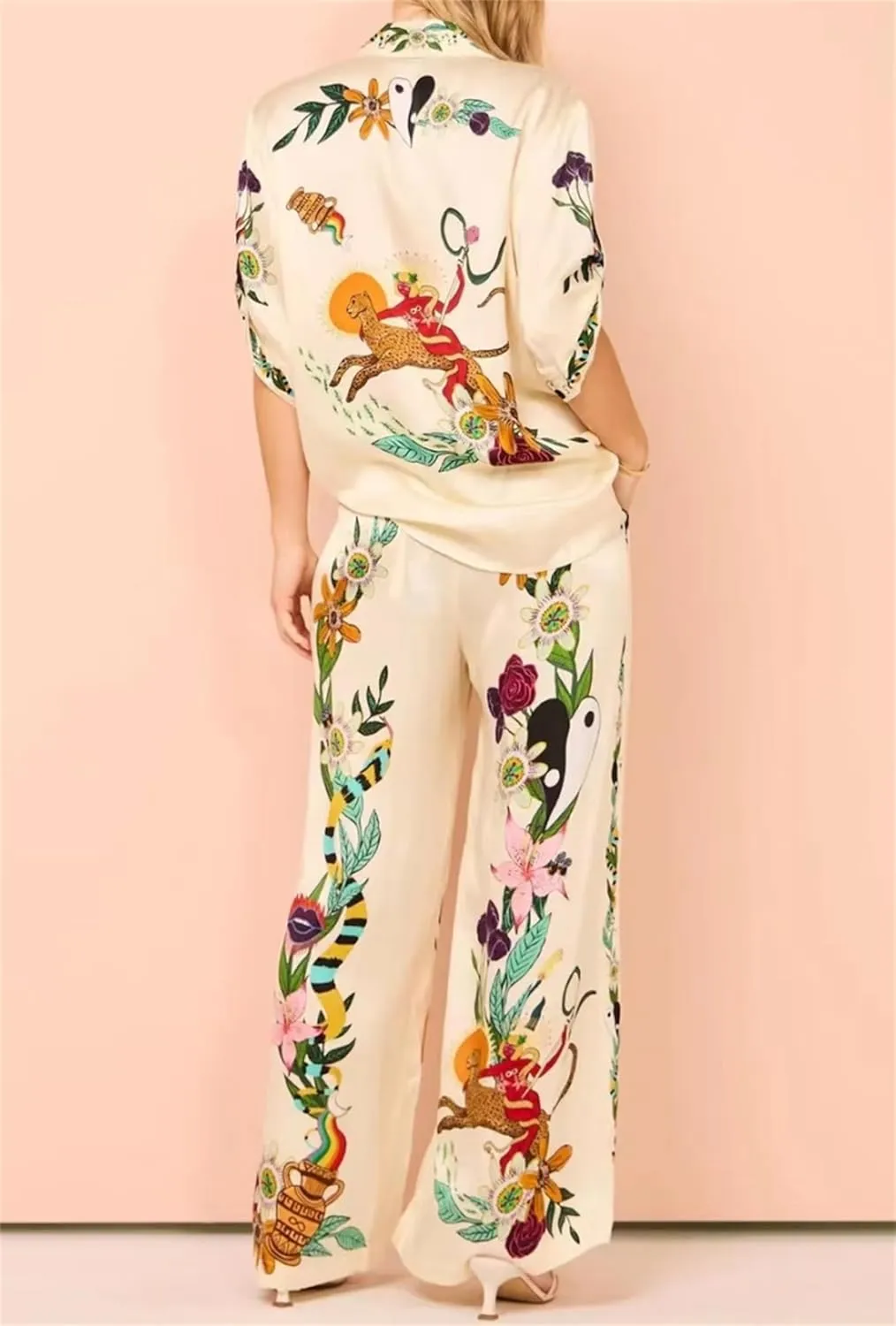 Women Y2k 2 Pieces Pants Sets Boho Floral Fruit Print Short Sleeve Shirt Wide Leg Pants Graffiti Lounge Set