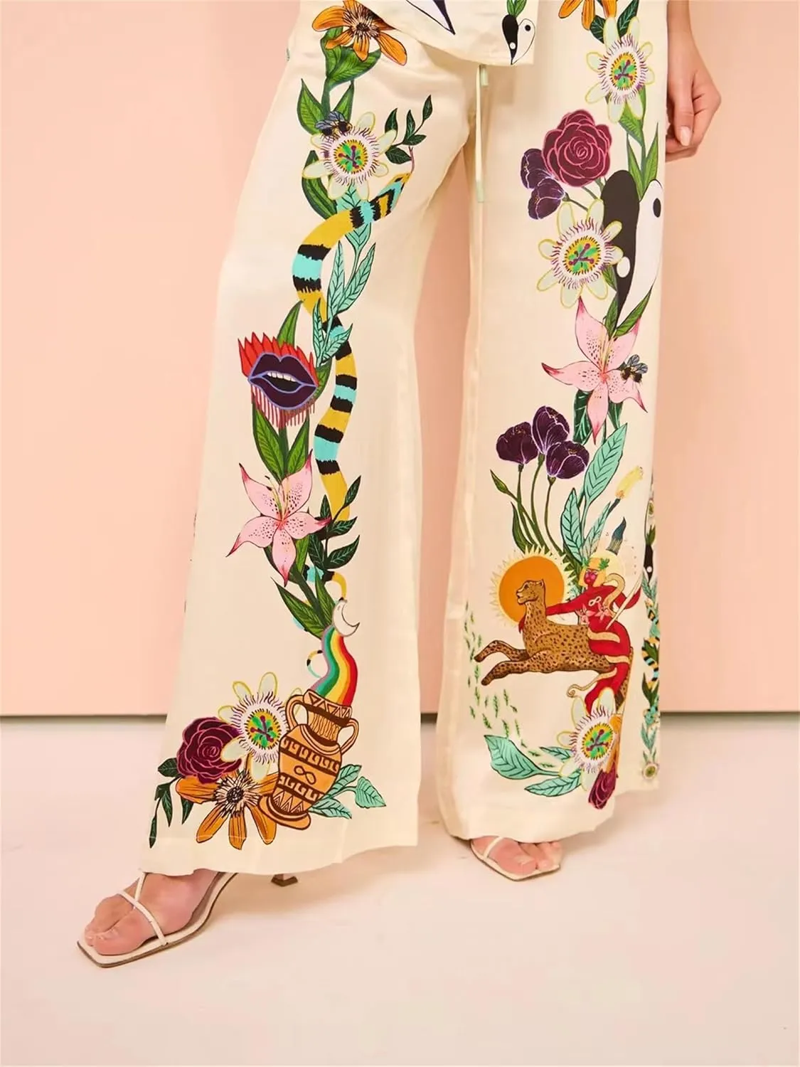 Women Y2k 2 Pieces Pants Sets Boho Floral Fruit Print Short Sleeve Shirt Wide Leg Pants Graffiti Lounge Set