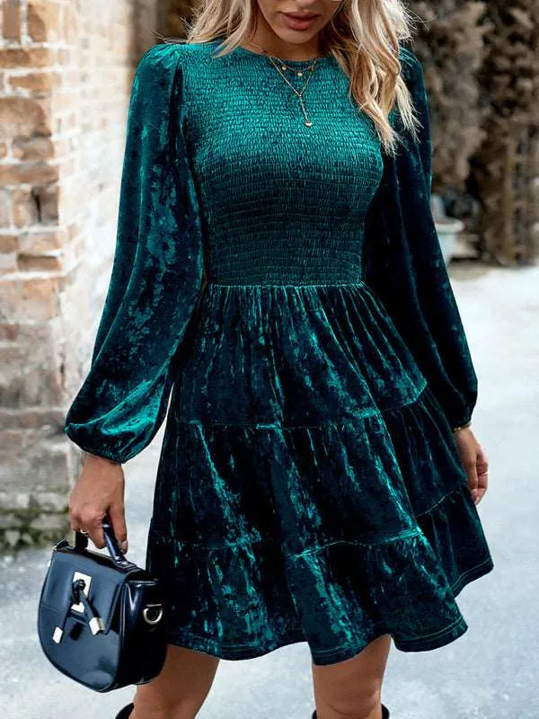 Women's elegant round neck velvet dress