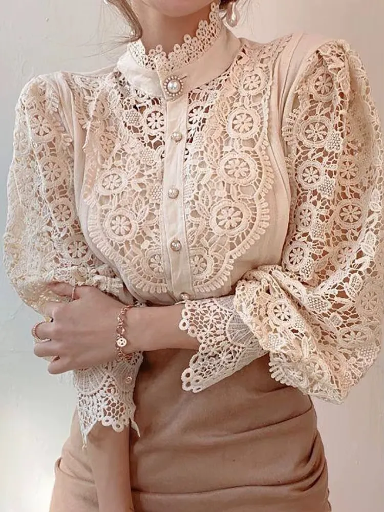 Women's Hollow Out Blouse Lantern Sleeve Crop Top