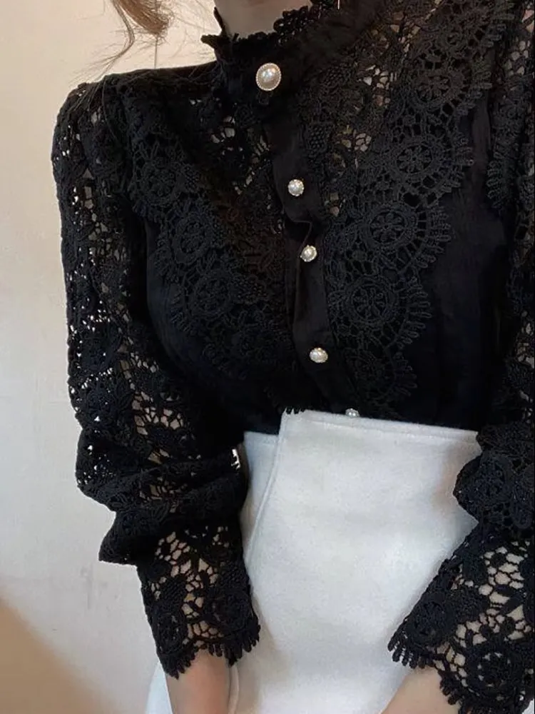 Women's Hollow Out Blouse Lantern Sleeve Crop Top