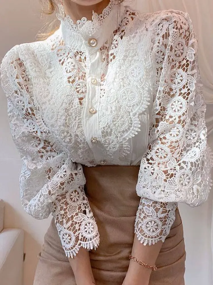 Women's Hollow Out Blouse Lantern Sleeve Crop Top