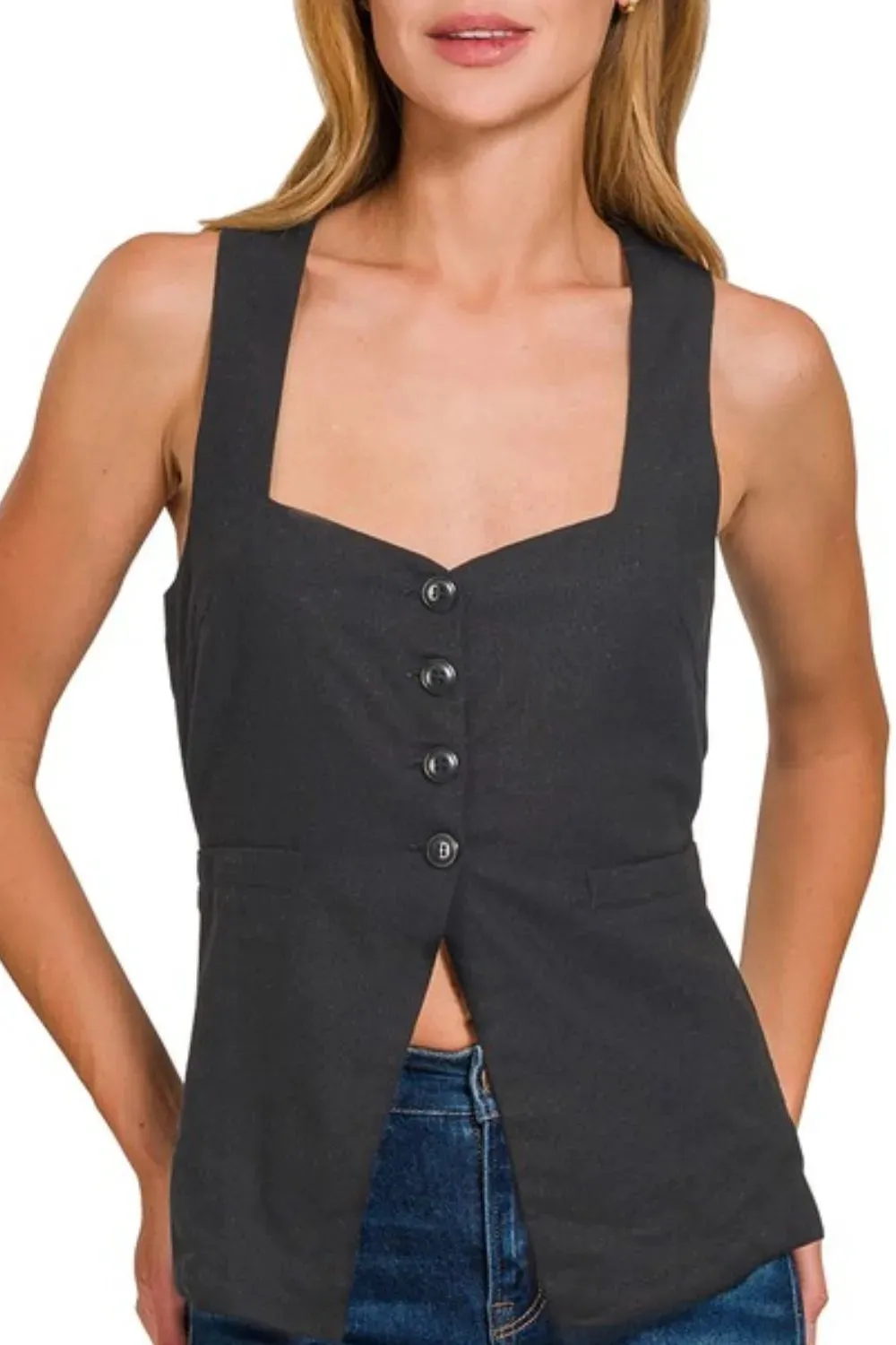 Zenana Linen Tie-back 4-button Vest with Lining In Black