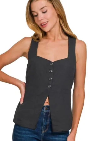 Zenana Linen Tie-back 4-button Vest with Lining In Black