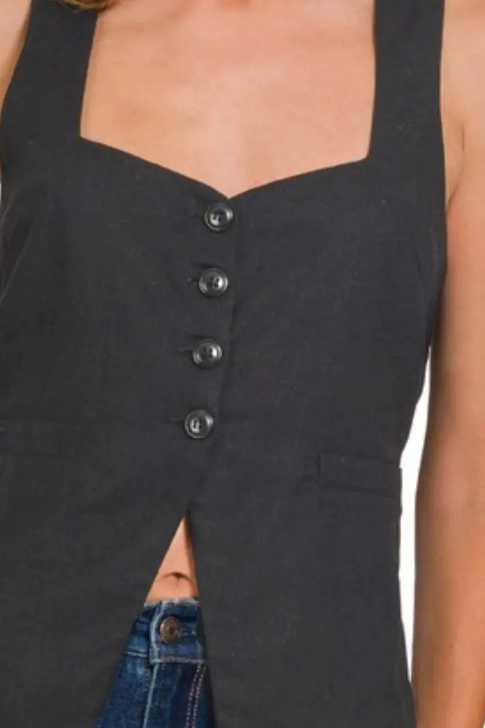 Zenana Linen Tie-back 4-button Vest with Lining In Black