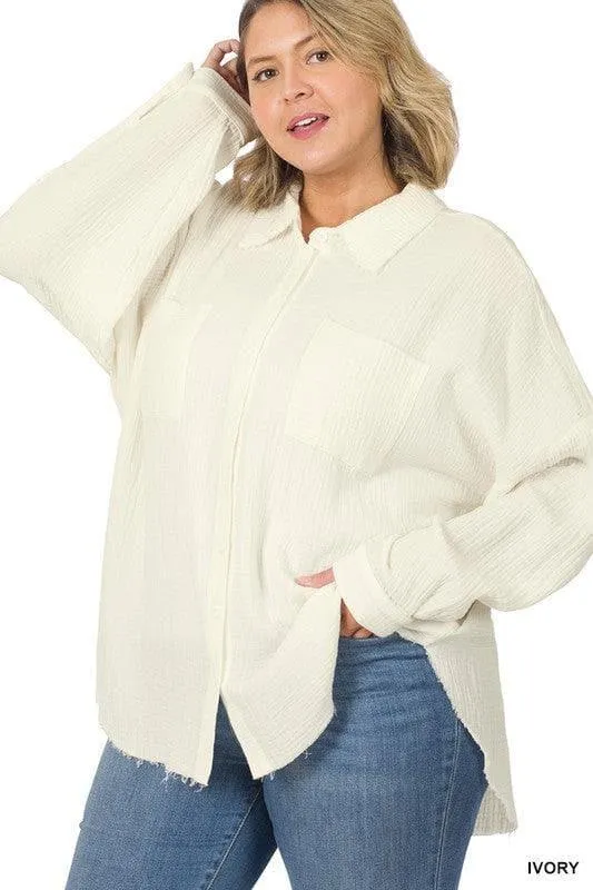 ZENANA Plus Oversized Raw Edge Shirt
